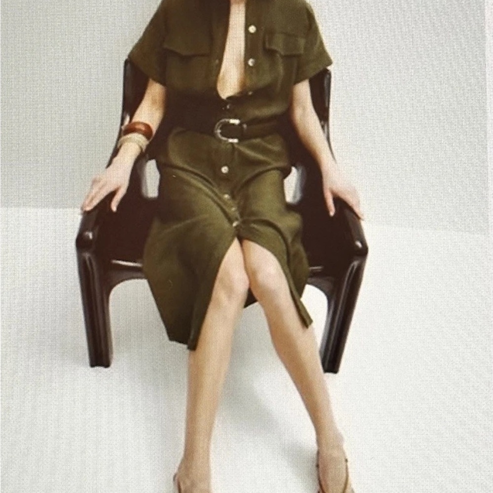 New Zara linen Olive Green Button-Down Dress